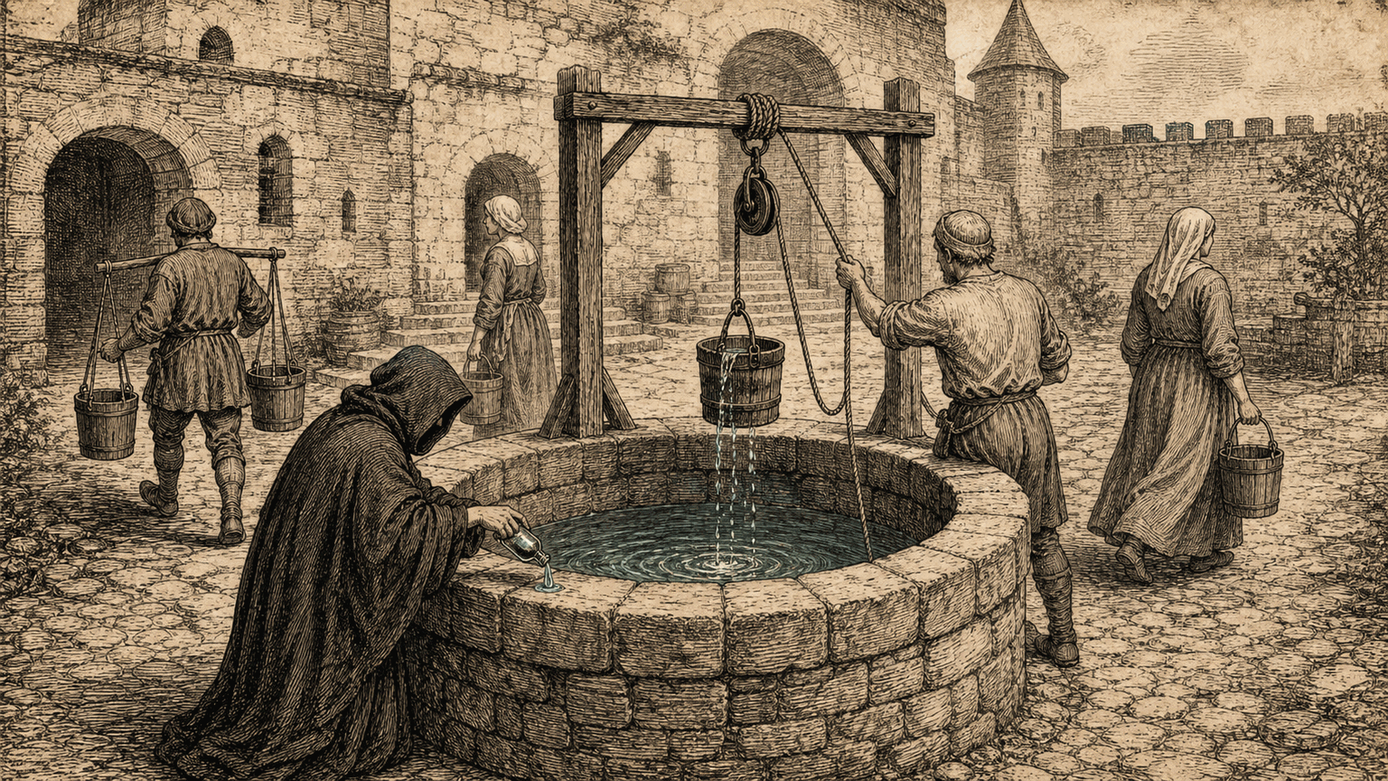 An engraving of a castle courtyard. A hooded figure tips a small vial into the communal well while townspeople draw water from the same well and carry it away.